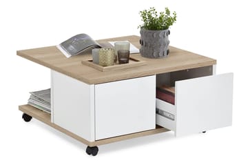 Twin Sofabord 70 cm med Oppbevaring Skuffer på Hjul - Hvit/Lyse Eikefarge - Møbler - Bord - Sofabord