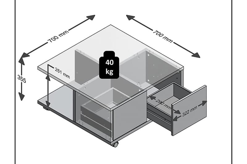 Twin Sofabord 70 cm med Oppbevaring Skuffer på Hjul - Hvit/Betonggrå - Sofabord