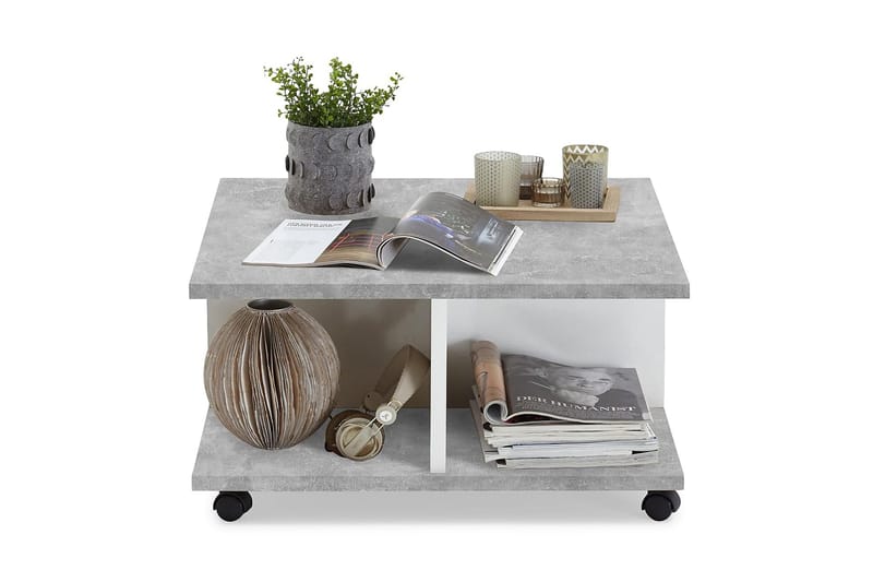 Twin Sofabord 70 cm med Oppbevaring Skuffer på Hjul - Hvit/Betonggrå - Møbler - Bord - Sofabord