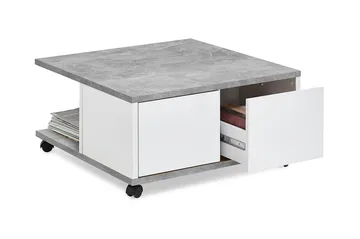 Twin Sofabord 70 cm med Oppbevaring Skuffer på Hjul - Hvit/Betonggrå - Møbler - Bord - Sofabord
