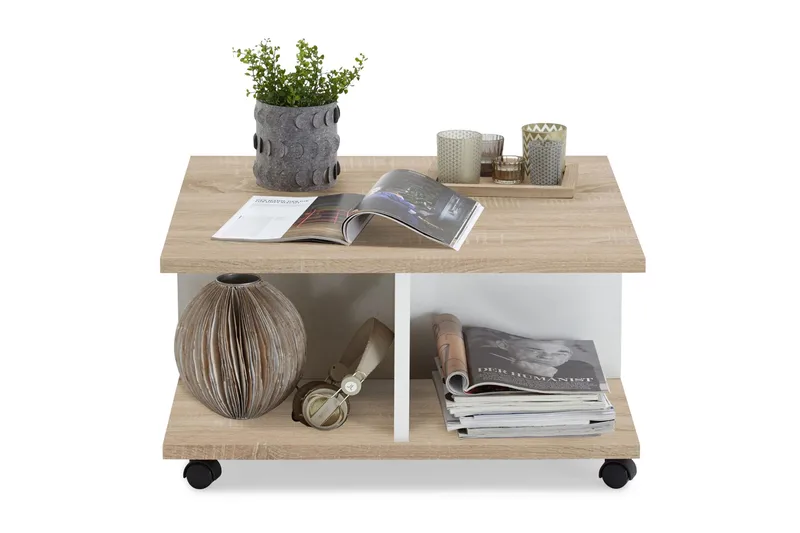 Twin Sofabord 70 cm med Oppbevaring Skuffer på Hjul - Hvit/Lyse Eikefarge - Møbler - Bord - Sofabord