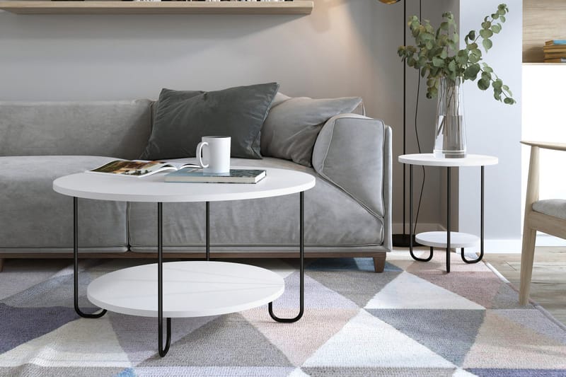 Ullavi Sofabord 80 cm Rundt med Oppbevaring Hylle - Hvit/Svart - Møbler - Bord - Sofabord