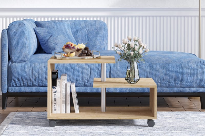 Vezirova Sofabord 80 cm med Oppbevaringshylle på Hjul - Natur/Svart - Møbler - Bord - Sofabord