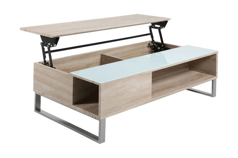 Vilhelmina Sofabord 110 cm med Oppbevaring Hylle - Glass/Eikefarge/Hvit/Lysegrå - Møbler - Bord - Sofabord