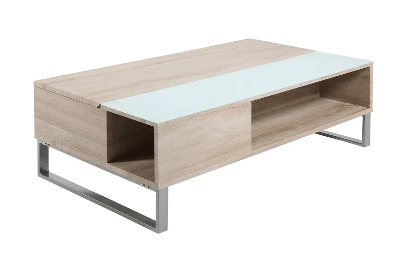 Vilhelmina Sofabord 110 cm med Oppbevaring Hylle - Glass/Eikefarge/Hvit/Lysegrå - Møbler - Bord - Sofabord