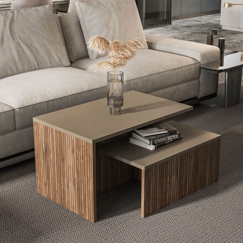 Vumira Sett med bord 2 deler 72 cm - taupe og eik - Møbler - Bord - Sofabord - Kistebord