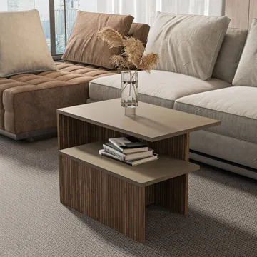 Vumira Sett med bord 2 deler 72 cm - taupe og eik - Møbler - Bord - Sofabord - Kistebord