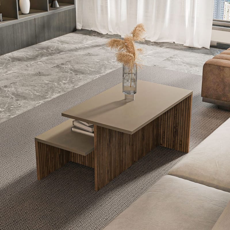 Vumira Sett med bord 2 deler 72 cm - taupe og eik - Møbler - Bord - Sofabord - Kistebord