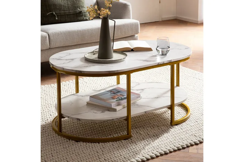 Sofabord Wohnling marmorutseende oval 100 cm med oppbevaringshylle, Bauhaus-stil Marmor Hvit - Marmor Hvit - Møbler - Bord - Sofabord