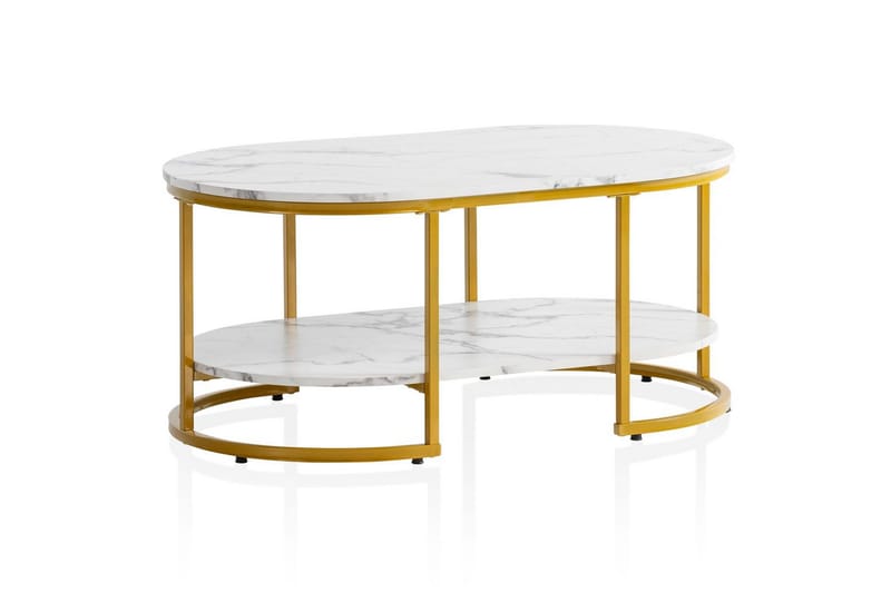 Sofabord Wohnling marmorutseende oval 100 cm med oppbevaringshylle, Bauhaus-stil Marmor Hvit - Marmor Hvit - Møbler - Bord - Sofabord