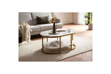 Sofabord Wohnling marmorutseende oval 100 cm med oppbevaringshylle, Bauhaus-stil Marmor Hvit - Marmor Hvit - Møbler - Bord - Sofabord