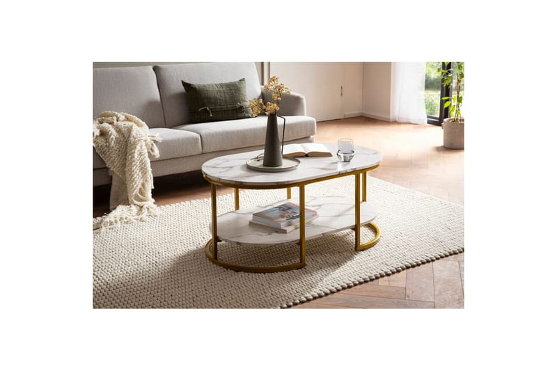 Sofabord Wohnling marmorutseende oval 100 cm med oppbevaringshylle, Bauhaus-stil Marmor Hvit - Marmor Hvit - Møbler - Bord - Sofabord