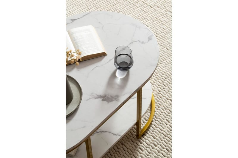 Sofabord Wohnling marmorutseende oval 100 cm med oppbevaringshylle, Bauhaus-stil Marmor Hvit - Marmor Hvit - Møbler - Bord - Sofabord