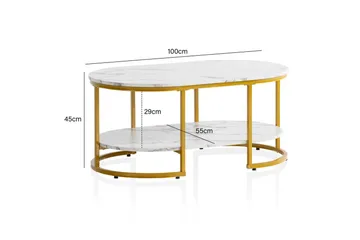 Sofabord Wohnling marmorutseende oval 100 cm med oppbevaringshylle, Bauhaus-stil Marmor Hvit - Marmor Hvit - Møbler - Bord - Sofabord