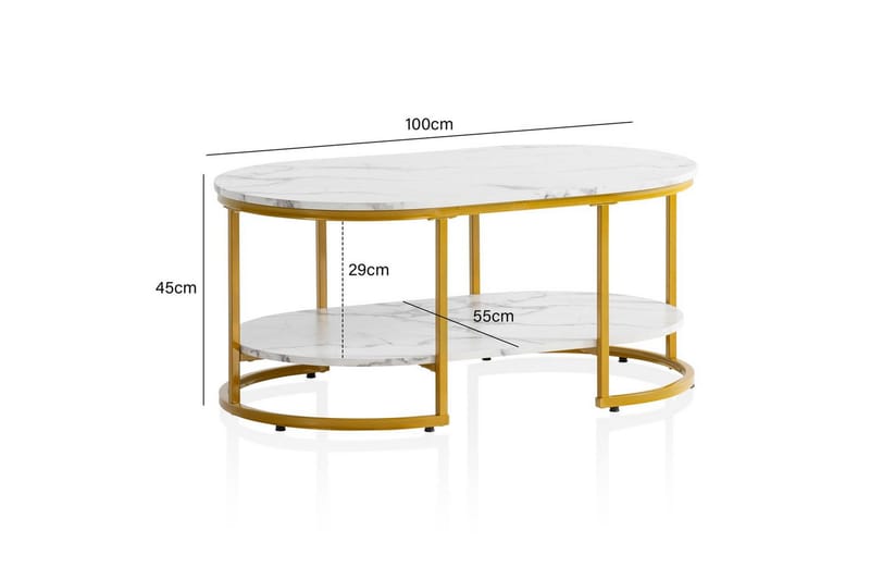 Sofabord Wohnling marmorutseende oval 100 cm med oppbevaringshylle, Bauhaus-stil Marmor Hvit - Marmor Hvit - Møbler - Bord - Sofabord