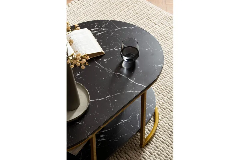 Sofabord Wohnling marmorutseende oval 100 cm med oppbevaringshylle, Bauhaus-stil Svart marmor - Svart marmor - Møbler - Bord - Sofabord