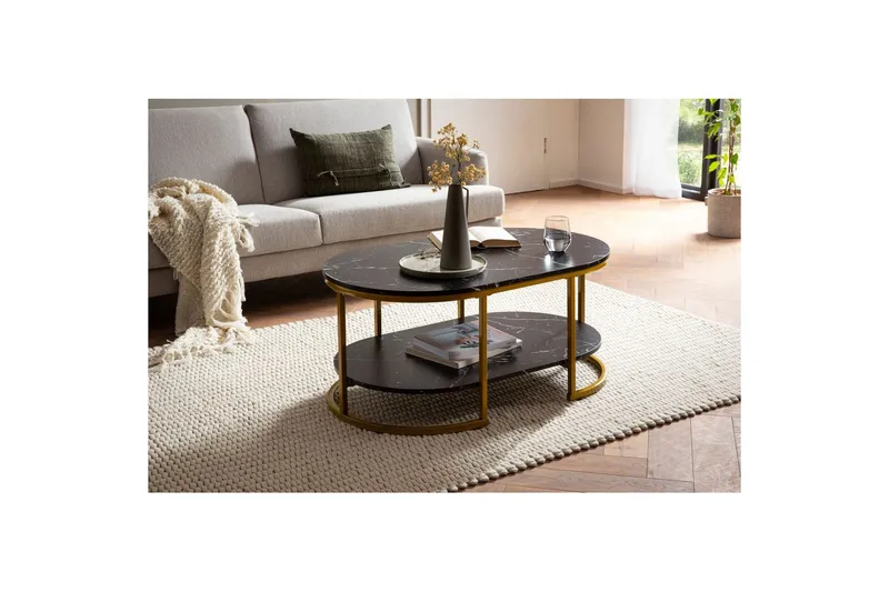 Sofabord Wohnling marmorutseende oval 100 cm med oppbevaringshylle, Bauhaus-stil Svart marmor - Svart marmor - Møbler - Bord - Sofabord