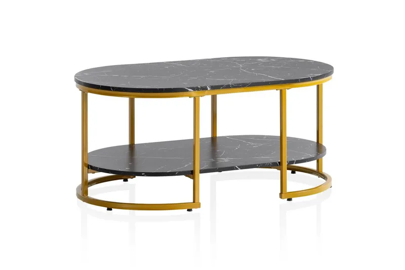 Sofabord Wohnling marmorutseende oval 100 cm med oppbevaringshylle, Bauhaus-stil Svart marmor, Svart marmor