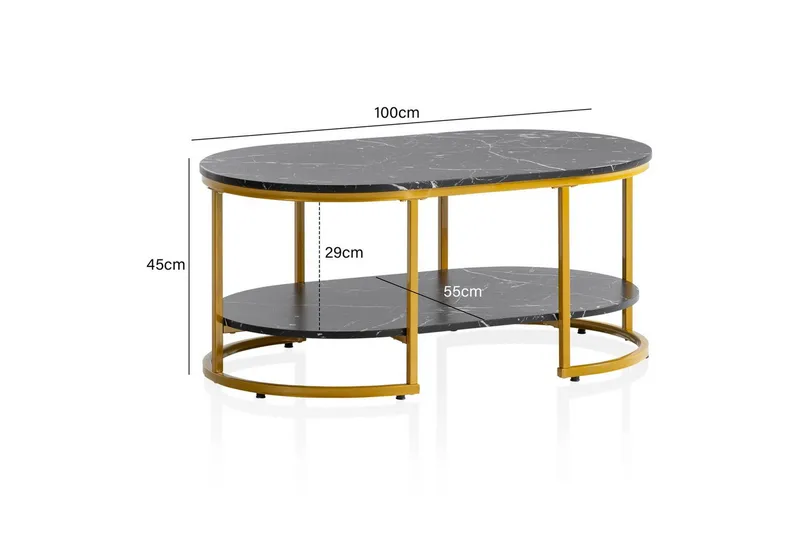 Sofabord Wohnling marmorutseende oval 100 cm med oppbevaringshylle, Bauhaus-stil Svart marmor - Svart marmor - Møbler - Bord - Sofabord
