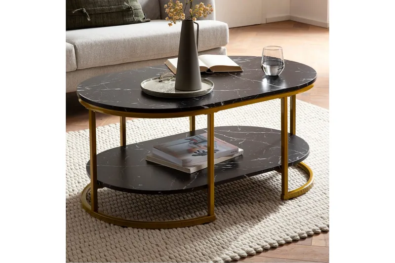 Sofabord Wohnling marmorutseende oval 100 cm med oppbevaringshylle, Bauhaus-stil Svart marmor - Svart marmor - Møbler - Bord - Sofabord
