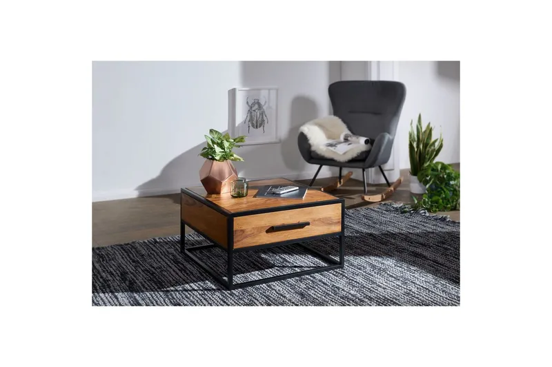 Sofabord Wohnling Massivt sheeshamtre 1 skuff pulverlakkert metallramme industriell - Møbler - Bord - Sofabord