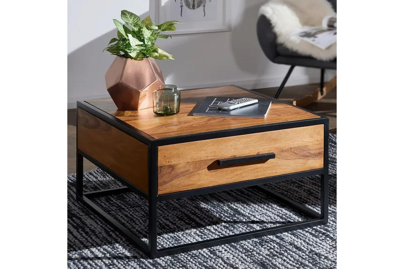 Sofabord Wohnling Massivt sheeshamtre 1 skuff pulverlakkert metallramme industriell - Møbler - Bord - Sofabord
