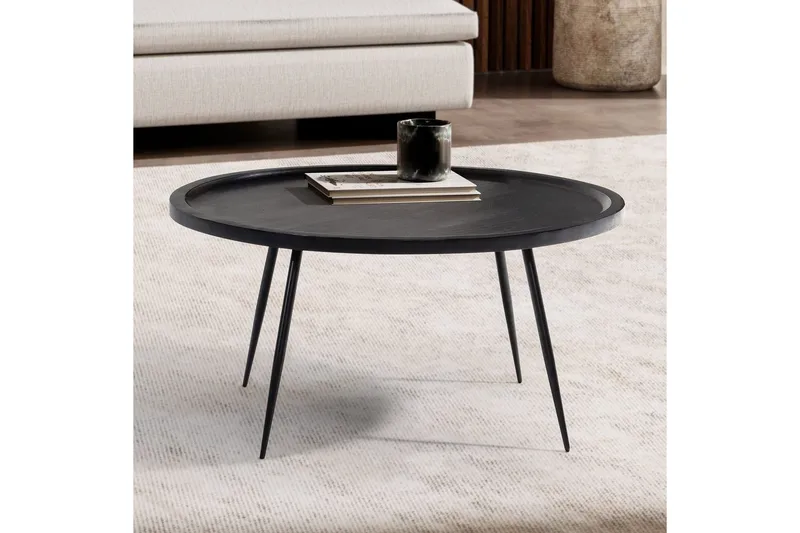 Sofabord Wohnling massivt tre, rund 75 cm med nåleben, landlig stil Svart - Svart - Møbler - Bord - Sofabord