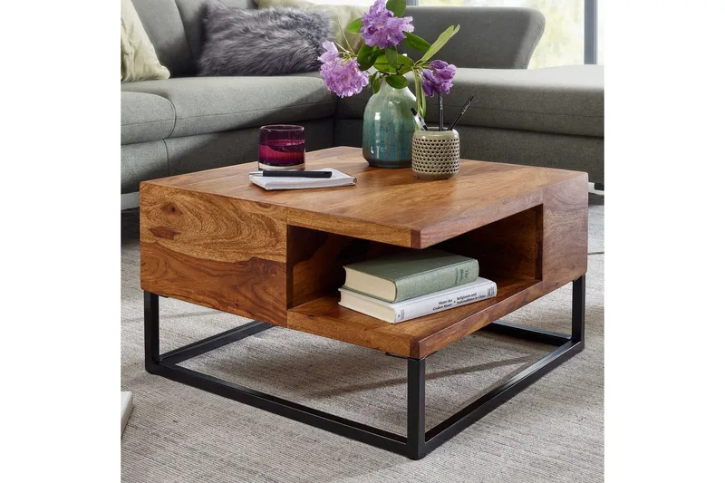 Sofabord Wohnling Massivt tre 60 cm firkantet med brett i landlig stil - Møbler - Bord - Sofabord