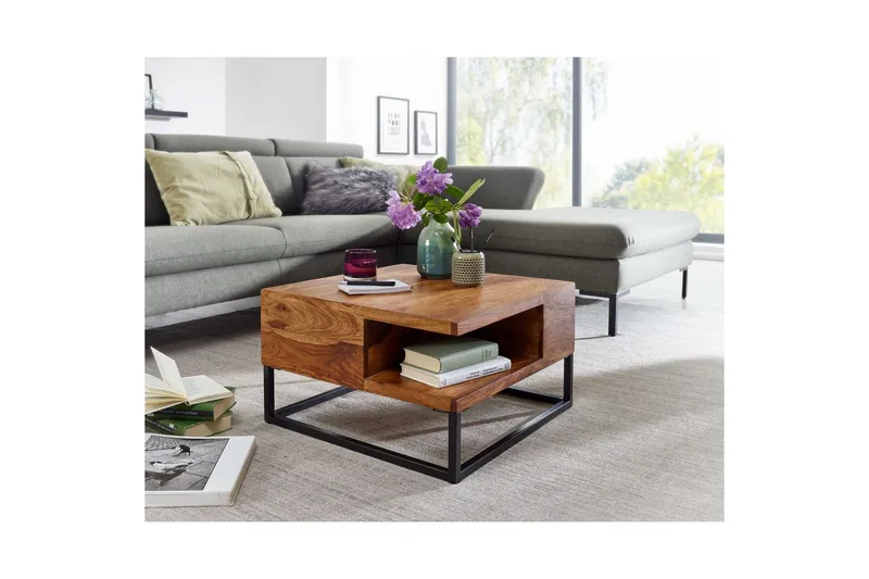 Sofabord Wohnling Massivt tre 60 cm firkantet med brett i landlig stil - Møbler - Bord - Sofabord