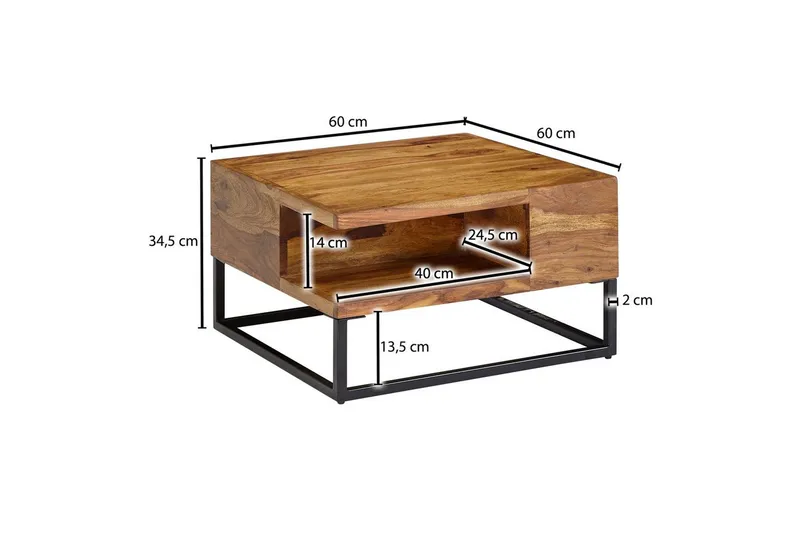Sofabord Wohnling Massivt tre 60 cm firkantet med brett i landlig stil - Møbler - Bord - Sofabord