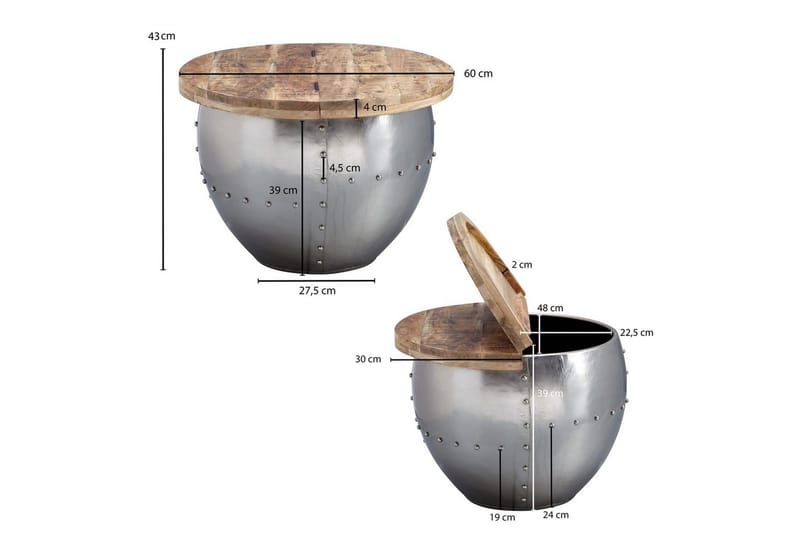 Sofabord Wohnling Massivt tre 60 cm industriell med naglet lagringsplass - Møbler - Bord - Sofabord