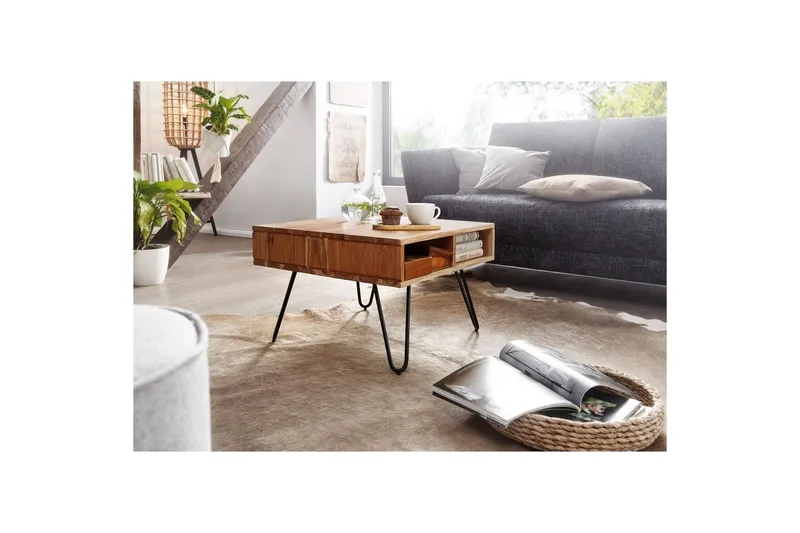 Sofabord Wohnling Massivt tre 60 cm kvadratisk med 4 oppbevaringsbrett i landlig stil - Møbler - Bord - Sofabord