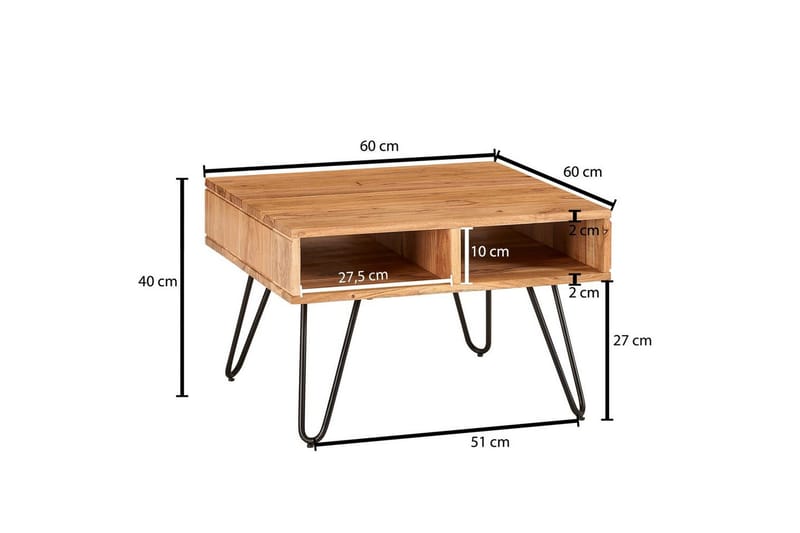 Sofabord Wohnling Massivt tre 60 cm kvadratisk med 4 oppbevaringsbrett i landlig stil - Møbler - Bord - Sofabord