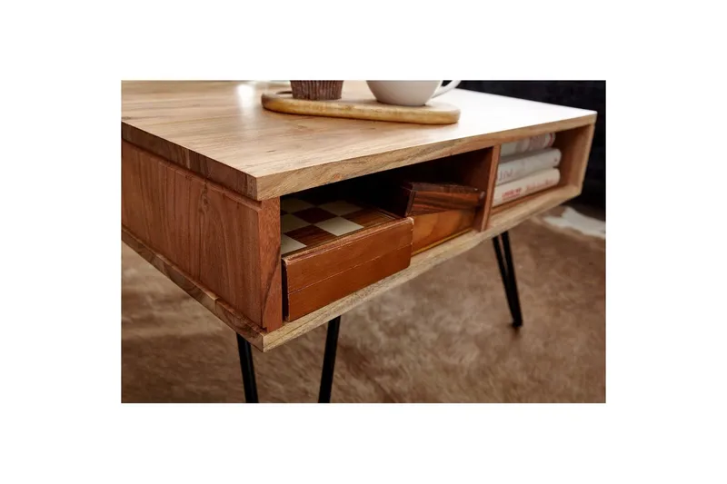 Sofabord Wohnling Massivt tre 60 cm kvadratisk med 4 oppbevaringsbrett i landlig stil - Møbler - Bord - Sofabord