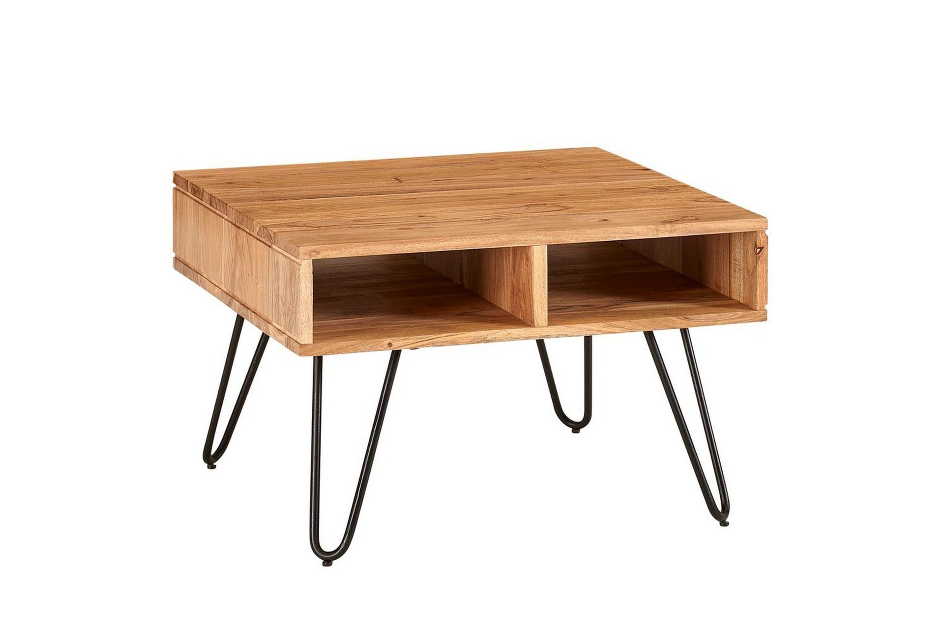 Sofabord Wohnling Massivt tre 60 cm kvadratisk med 4 oppbevaringsbrett i landlig stil -