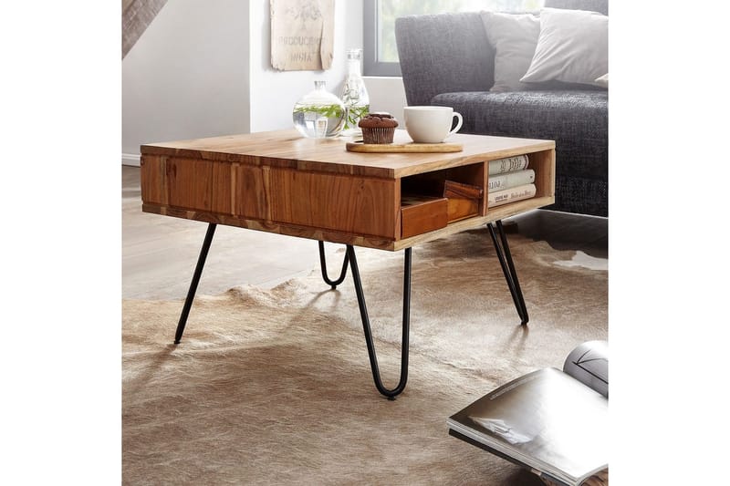 Sofabord Wohnling Massivt tre 60 cm kvadratisk med 4 oppbevaringsbrett i landlig stil - Møbler - Bord - Sofabord