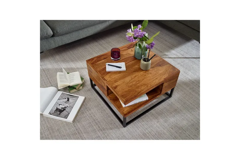 Sofabord Wohnling Massivt tre 60 cm kvadratisk med brett i landlig stil - Møbler - Bord - Sofabord