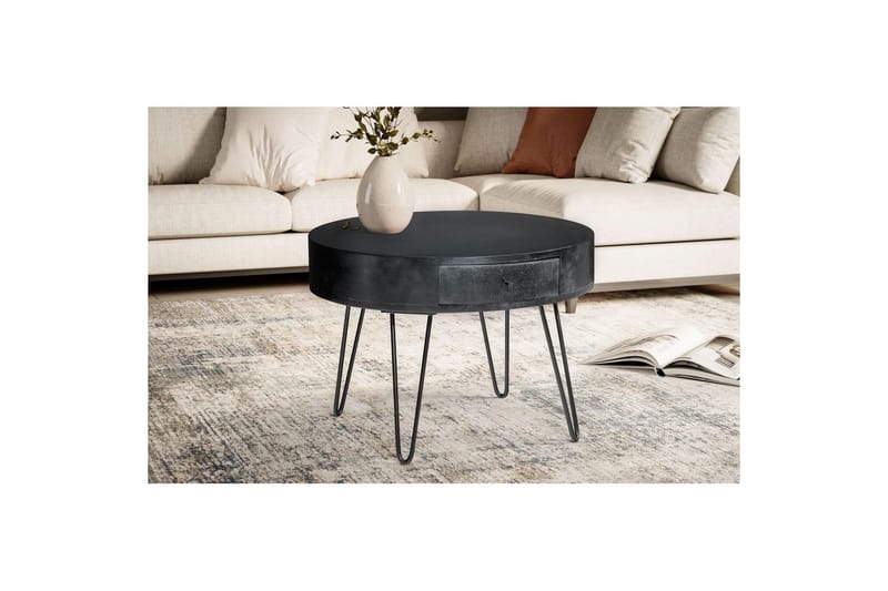 Sofabord Wohnling massivt tre 60 cm rund med skuff, landlig stil Svart - Svart - Møbler - Bord - Sofabord