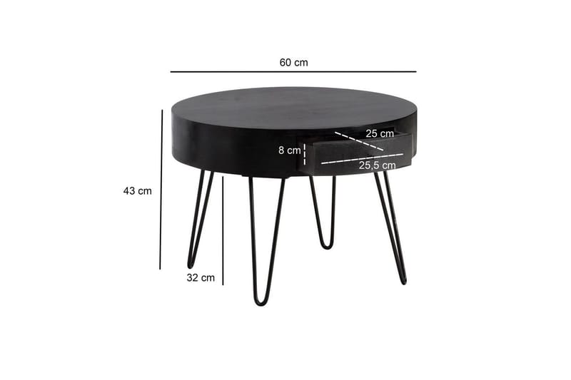 Sofabord Wohnling massivt tre 60 cm rund med skuff, landlig stil Svart - Svart - Møbler - Bord - Sofabord