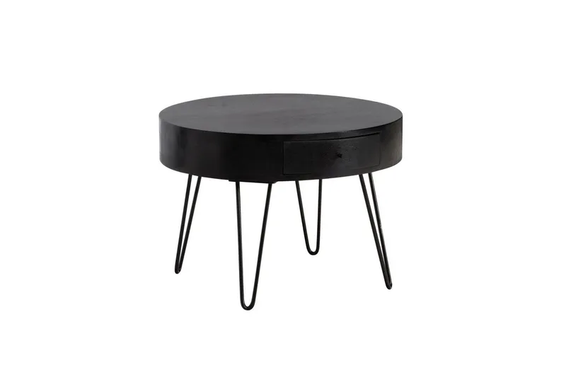 Sofabord Wohnling massivt tre 60 cm rund med skuff, landlig stil Svart, Svart