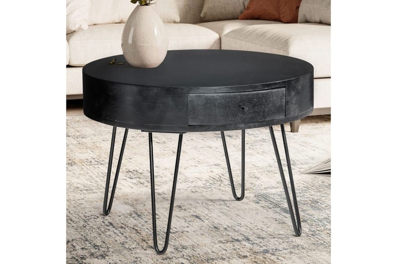 Sofabord Wohnling massivt tre 60 cm rund med skuff, landlig stil Svart - Svart - Møbler - Bord - Sofabord