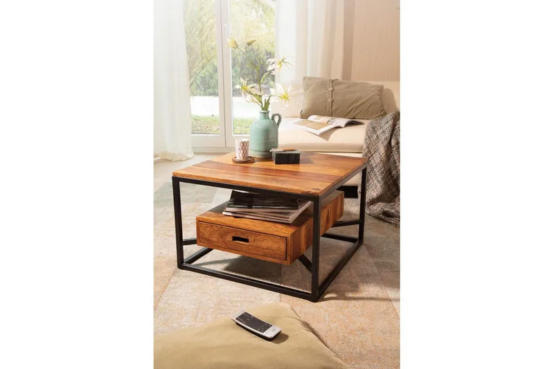 Sofabord Wohnling Massivt tre firkantet landstil med skuffebrett - Møbler - Bord - Sofabord