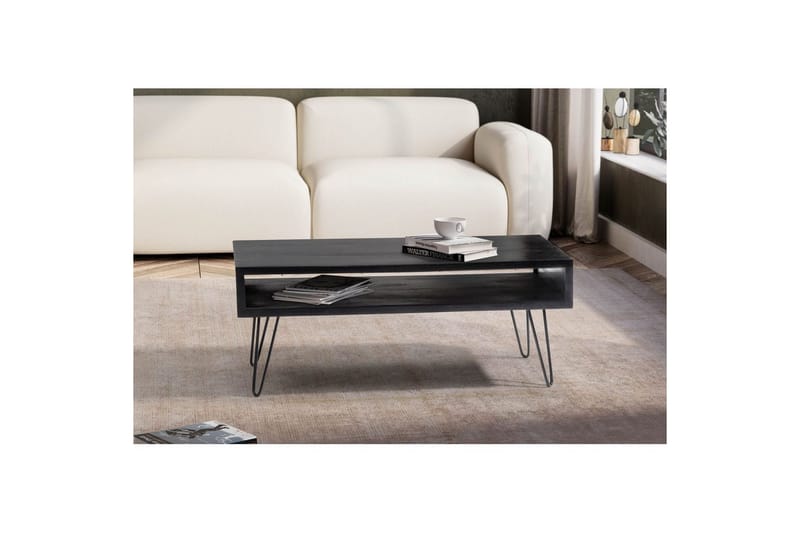 Sofabord Wohnling massivt tre rektangulær med stor lagringsplass, landlig stil Svart - Svart - Møbler - Bord - Sofabord