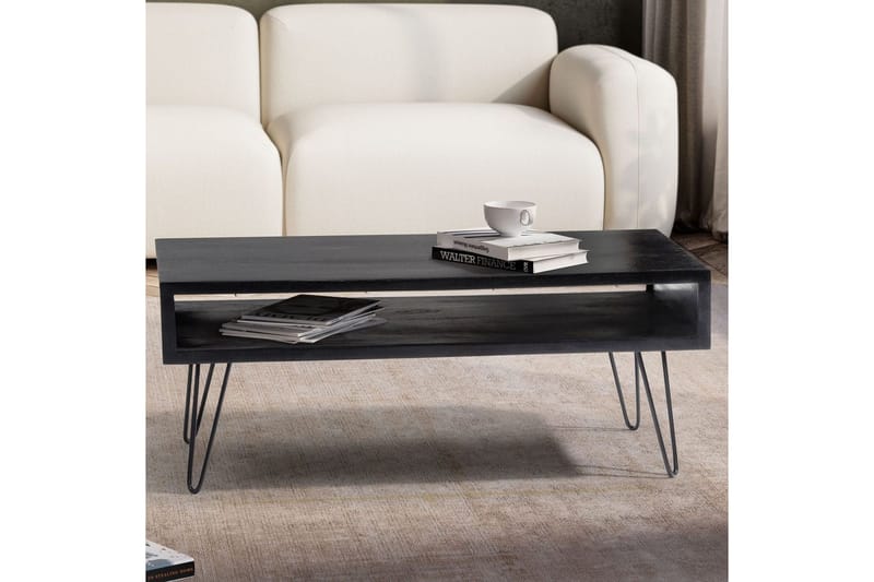 Sofabord Wohnling massivt tre rektangulær med stor lagringsplass, landlig stil Svart - Svart - Møbler - Bord - Sofabord