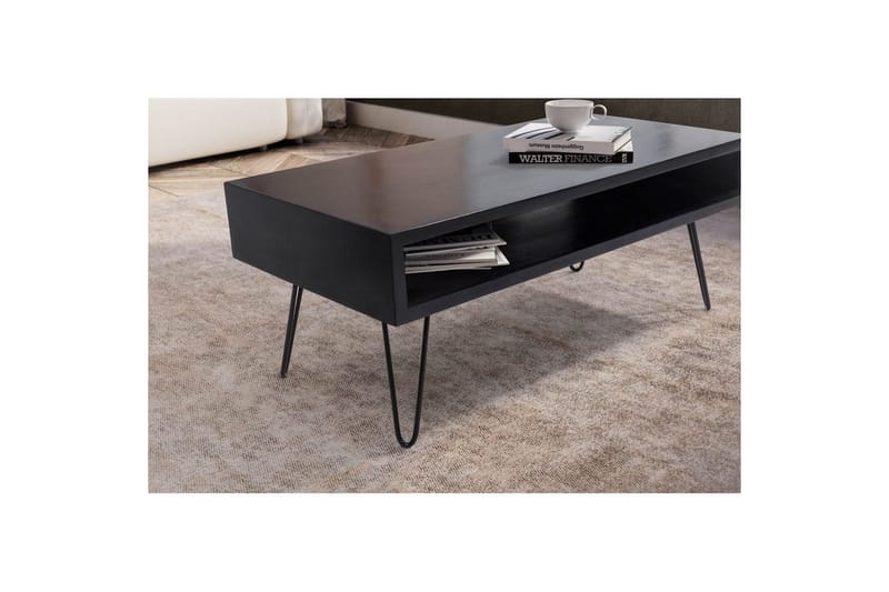 Sofabord Wohnling massivt tre rektangulær med stor lagringsplass, landlig stil Svart - Svart - Møbler - Bord - Sofabord