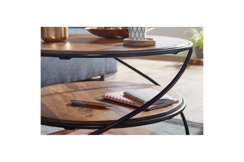 Sofabord Wohnling Massivt tre rundt 58 cm med 2 brett og sirkelformet metallramme - Møbler - Bord - Sofabord