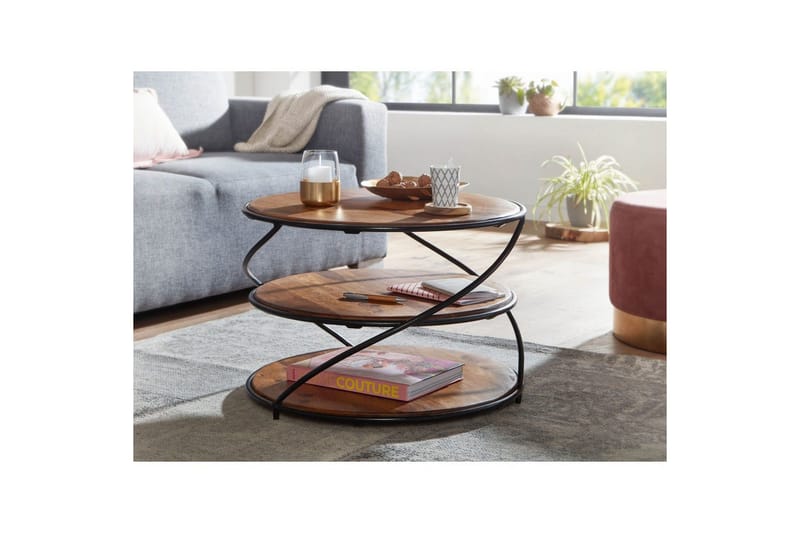 Sofabord Wohnling Massivt tre rundt 58 cm med 2 brett og sirkelformet metallramme - Møbler - Bord - Sofabord