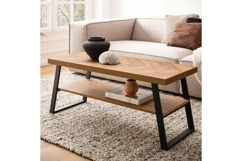 Sofabord Wohnling Massivt tremønster i fiskebein, lagringsplass 100 cm - Møbler - Bord - Sofabord