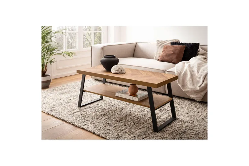 Sofabord Wohnling Massivt tremønster i fiskebein, lagringsplass 100 cm - Møbler - Bord - Sofabord