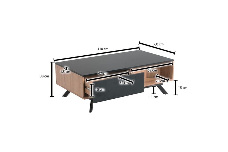 Sofabord Wohnling Rektangulær MDF, eikeutseende med stor skuffebakke, moderne utseende - Møbler - Bord - Sofabord